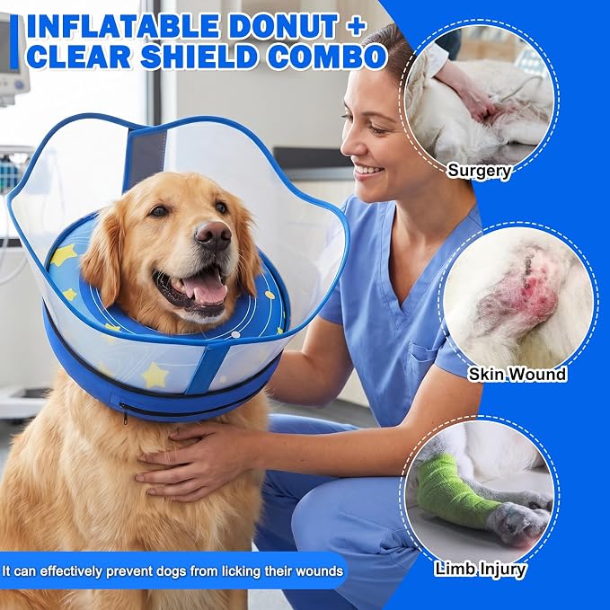 Inflatable Dog Cone Collar with Removable Clear Protective Shield, Soft Pet Recovery E-Collar for Dogs After Surgery, Adjustable Dogs Cone Collar to Prevent Licking Biting Scratching (Blue, XX-Large)