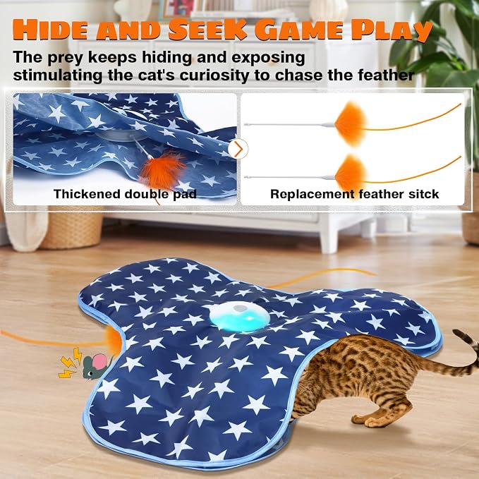 Oxawo Interactive Cat Toys Chirping and Moving Feather Wand - Motion-Activated Cat Toys and Rechargeable
