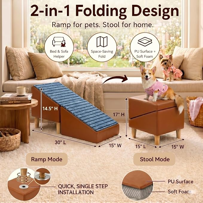 Dog Stairs for Small Dogs, Dog Stairs for Couch& Bed, Non-Slip Foldable 2-in-1 Pet Steps for Cats, Leather Ottoman (Brown, Large, 1.0)