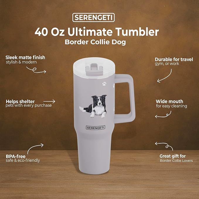SERENGETI 40 Oz Ultimate Tumbler with Handle and Straw - Vacuum Insulated Tumbler with Straw and Lid - Stainless Steel Travel Mug for Pet Lovers - 3D Designs of your favorite Dog (Border Collie)