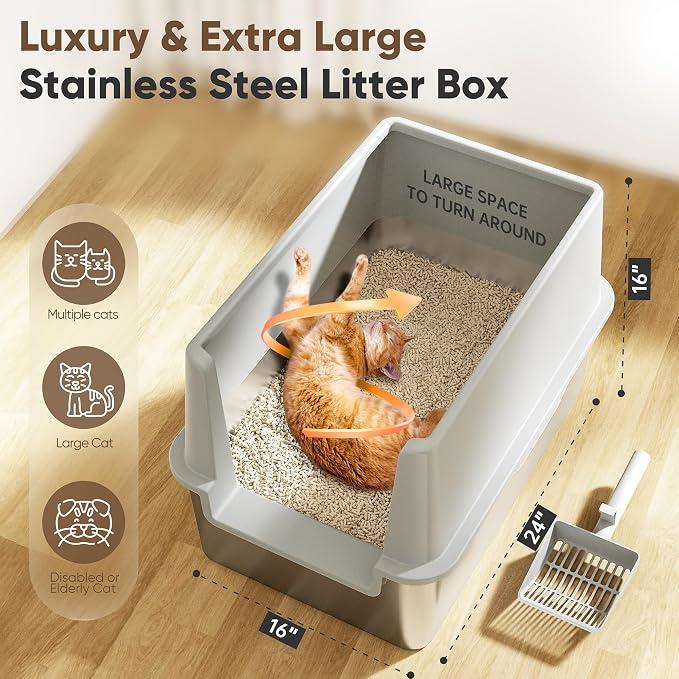 16" High Sides Stainless Steel Litter Box with Lid, XL XXL Extra Large Enclosed Metal Litter Box for Big Cats & Kitty, Never Absorbs Odors, Non-Sticky, Anti-Urine Leakage, Easy Cleaning