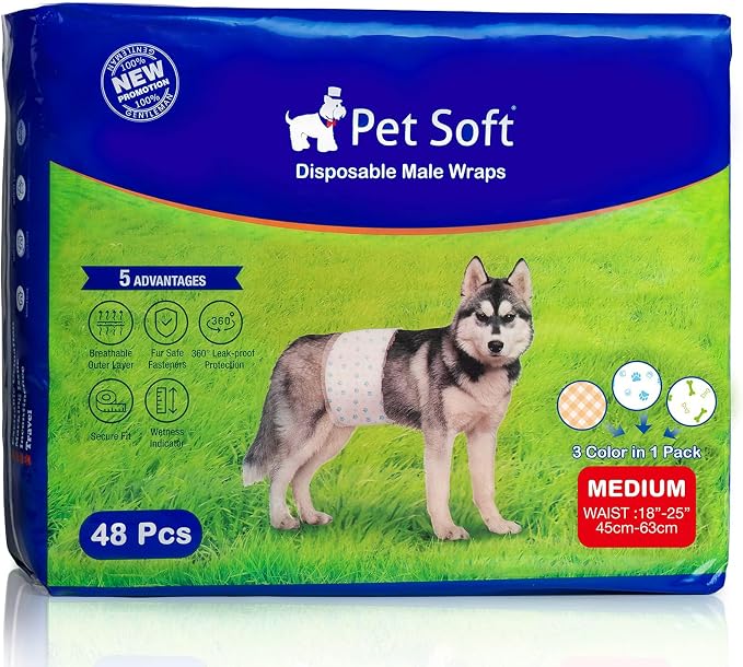 Pet Soft Disposable Male Dog Wraps - Dog Diapers for Male Dogs, Puppy Diapers with Wetness Indicator 48 Counts Medium
