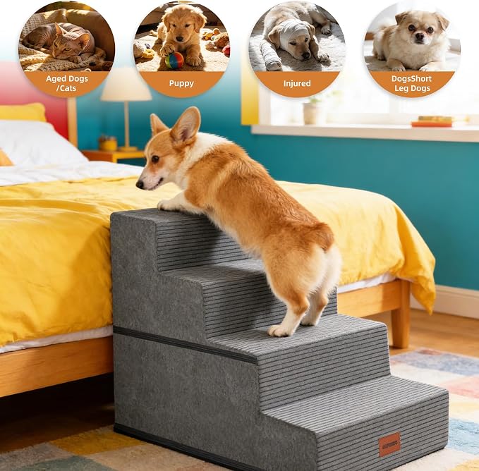 Dog Stairs for Small Dogs, 18" H, 4-Step Pet Steps for Bed Couch Sofa and Chair, Non-Slip Balanced Pet Ramp for Injured & Senior Pets with Washable Cover and Durable High Density Foam, Grey