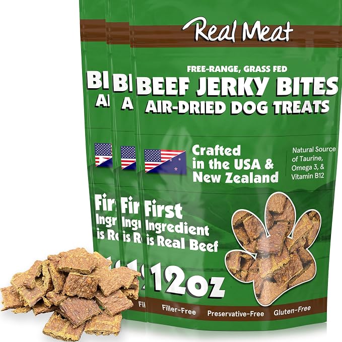 TRMC Real Meat Dog Treats - Three 12oz Bag of Bite-Sized Air-Dried Beef Jerky for Dogs - Grain-Free Jerky Pet Treats with 95% Free-Range, Grass Fed Beef - All-Natural High Protein Treats