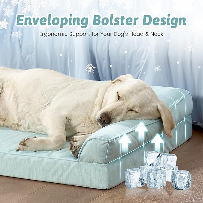 COZY KISS Cooling Dog Bed for Extra Large Dogs, 48"x32" Orthopedic Foam Sofa with Bolster Sides, Q-Max >0.4 Cooling Technology, Cool Pet Bed with Removable Washable Cover, Green