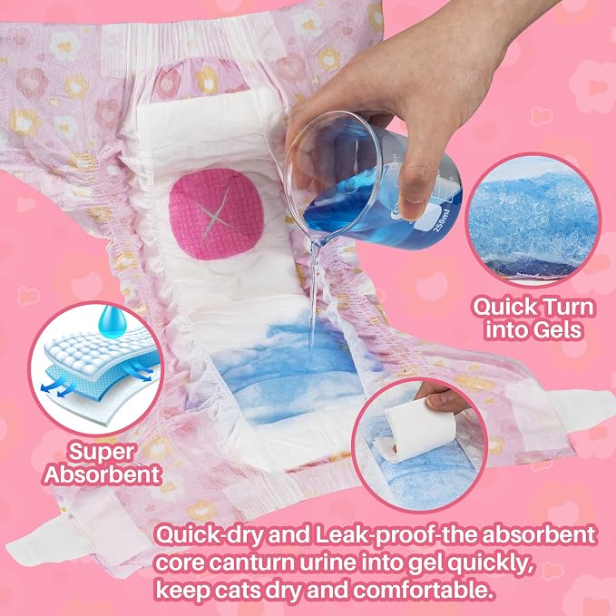 Pet Soft Disposable Cat Diapers - Diaper for Female & Male Cats, Puppy Doggie Diapers for Female Dogs with Adjustable Foam Tail Hole, Medium (24Pcs, PK Flowers)