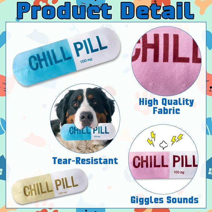 CUweipeng Squeaky Dog Chew Toys - 3Pcs Chill Pill Capsule Teething Squeak Small Plush Dog Toy Keep Them Busy Aggressive Chewers Bite Kick Interactive Training Play Pet Lover Gifts Present Photo Props