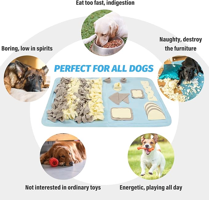 Snuffle Mat for Dogs: Slow Food Interactive Experience - 7 Enrichment Foraging Games for Large Dog Owners Needing to Burn Pet Energy - Washable 1000 Times - 22x38 inch - Blue