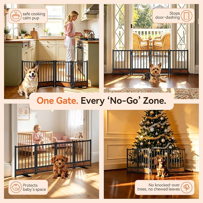 Dog Gate for Small Dogs, 15.7" Short No Drill Foldable Reinforced Base Pet Fence, Heavy Duty Step-Over Doorway Puppy Barrier, Anti-Tip Metal Frame, Supports 200+ lbs, Black