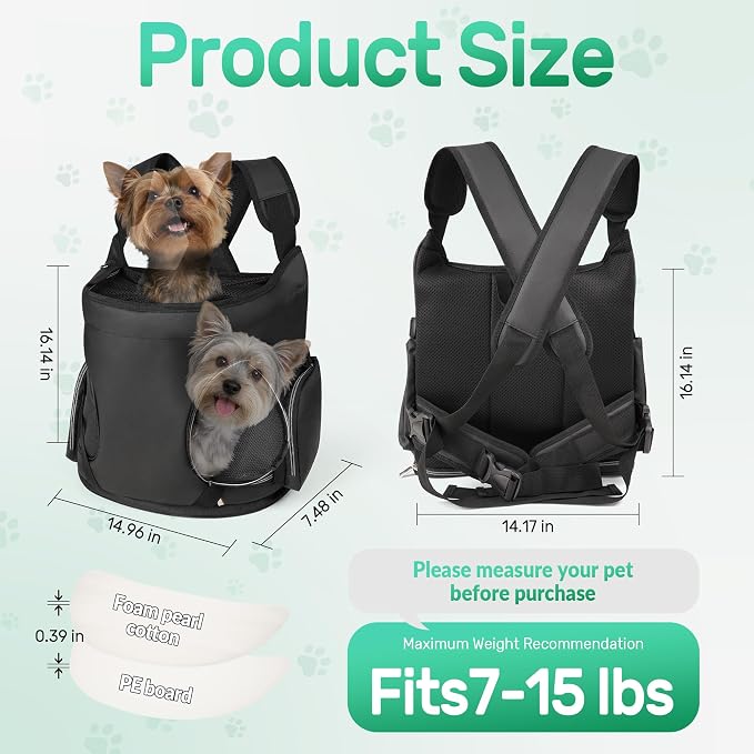YUDODO Dog Front Backpack Carrier 7-15 lbs, Soft Breathable Pet Front Facing Carrier with Adjustable Straps, Multi-Pocket Design, for Small Dogs & Cats (Black)