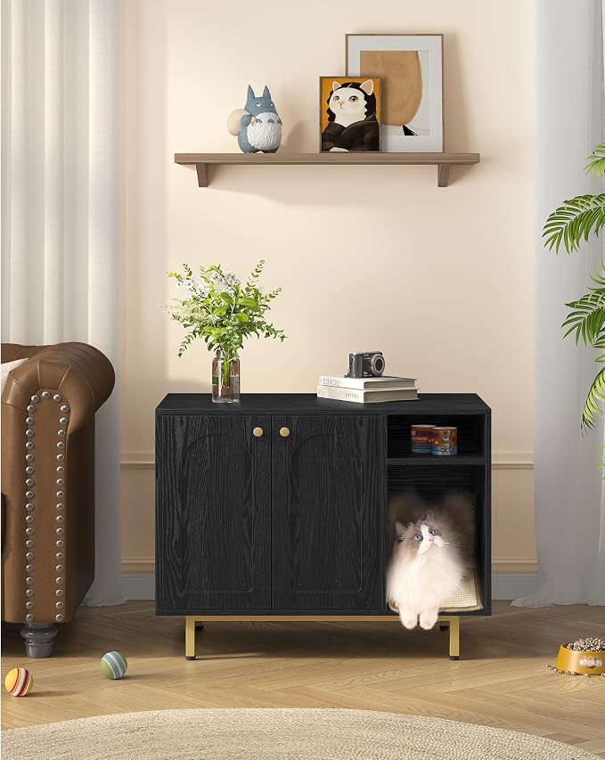 Hzuaneri Cat Litter Box Enclosure,Hidden Litter Box Furniture with Storage, Large Wooden Cabinet with Sisal Mat, Modern Cat Washroom for Living Room, Bedroom, Entryway, Black and Gold CB01504G