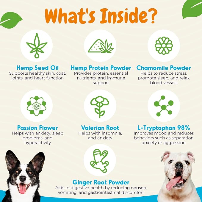 Dog Calming Chews – Natural Calming Aid with Hemp, Chamomile & Passion Flower – Helps Reduce Stress, Anxiety & Hyperactivity – Duck Flavor Soft Chews Made in USA, 120 Count