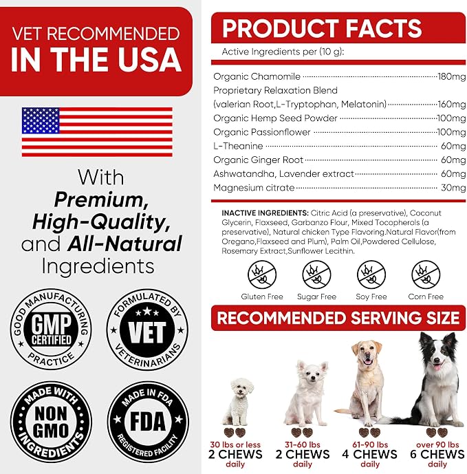 Calming Chews for Dogs – Fast-Acting Anxiety Relief for Thunder, Fireworks & Separation – Long-Lasting Up to 18 Hrs – Melatonin, Chamomile & Valerian – Tasty Soft Chews for All Breeds（180 Ct）