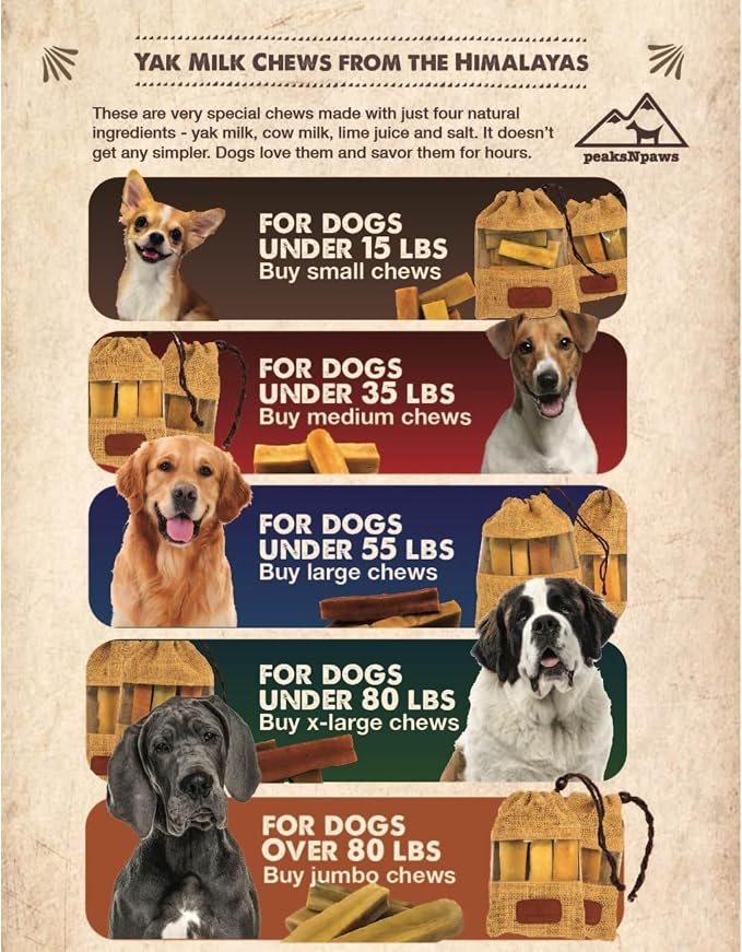 peaksNpaws Yak Cheese Himalayan Dog Chews, High Protein, Natural Dog Treats Large Breed, Lactose Free Chew Sticks for Aggressive Chewers, Long Lasting Pet Treat for Dogs Under 55 lbs, 3 Large Chews