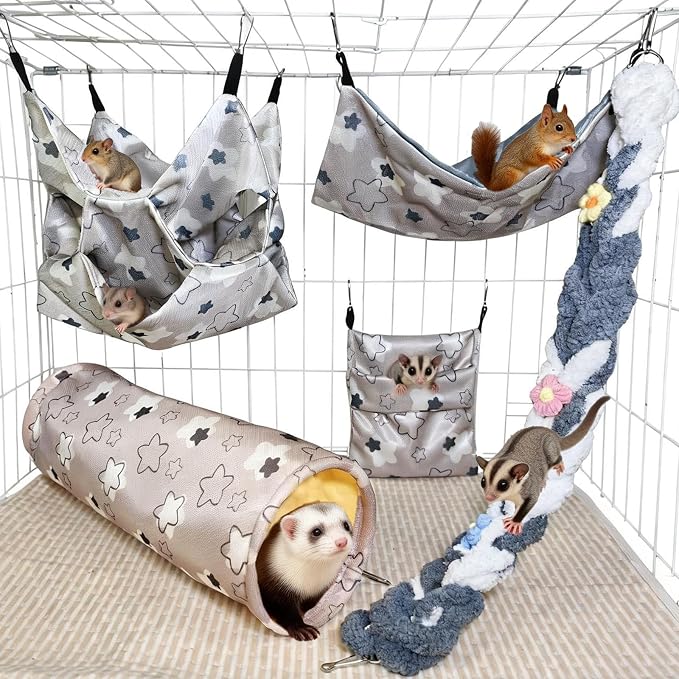 Hamiledyi Rat Hammock Sugar Glider Climbing Ropes Toys Rat Hanging Tunnel Hammock Swing Squirrel Hideout Bed Cage Accessories for Ferret Mouse Hamster Small Animals (Grey)