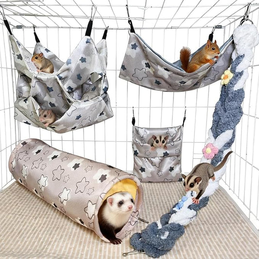 Hamiledyi Rat Hammock Sugar Glider Climbing Ropes Toys Rat Hanging Tunnel Hammock Swing Squirrel Hideout Bed Cage Accessories for Ferret Mouse Hamster Small Animals (Grey)