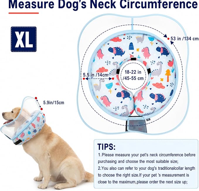 Inflatable Dog Cone Collar for Large Medium Small Dogs, Soft Dog Donut Collar Adjustable Recovery Cone for Pets After Surgery, Extra Enhanced Anti-Licking Guard Shield (Dinosaur, X-Large)