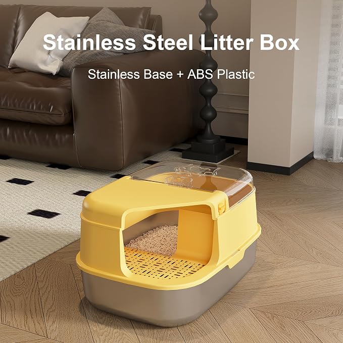3-in-1 Convertible Cat Litter Box, ABS + Stainless Steel Pan, Enclosed Low Entry High Sided Box with Litter Trapping Grid, 23.1x16.93x14.1 Inch, for Senior Kittens & Large Cats（Yellow）