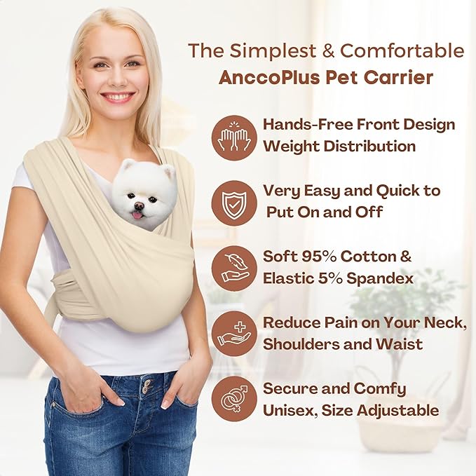 AnccoPlus Hands Free Dog Sling for Small Dogs, Dog Carrier, Beige, Plus | Reduces Back Pain, Front Facing Sling, Hands Free, Size Adjustable, Premium Cotton, Patented Product