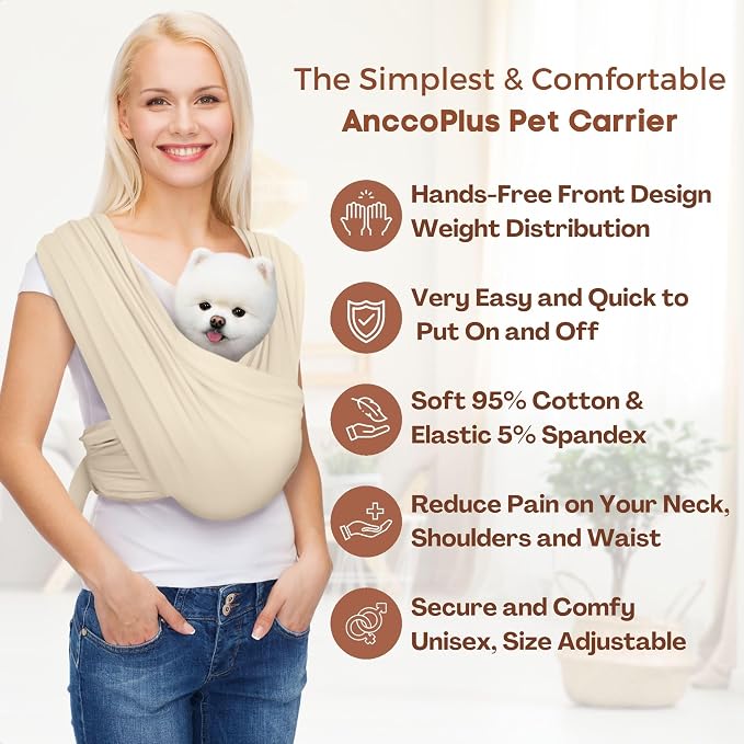 AnccoPlus Dog Carriers for Small Dogs, Front Facing Dog Sling Carrier, Hands Free Cat Carrier, Size Adjustable, Reducing Back Pain, Premium Cotton, Safe and Soft Dog Carrier (Regular, Beige)