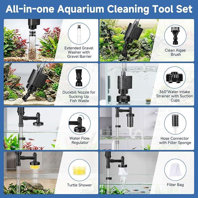 AQQA Aquarium Gravel Vacuum Cleaner, 8-in-1 Electric Fish Tank Cleaner with Automatic Water Change, 320GPH Strong Suction, Anti-Clog Gravel Barrier, Sand Washer, Vacuum Cleaner for 14-30in Tank Height