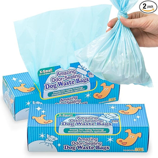 BOS Amazing Odor Sealing Dog Poop Bags - Durable and Unscented [Size: XS, Color: Light Blue] (200 Count, Pack of 2) (400Bags)