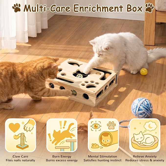 Cat Nail File Box, Interactive Wooden Cat Scratch Puzzle Toy with Sandpaper, Includes 3 Bell Balls & 3 Replacement Pads for Indoor Cats, Stress-Free Enrichment Claw Care (Regular)