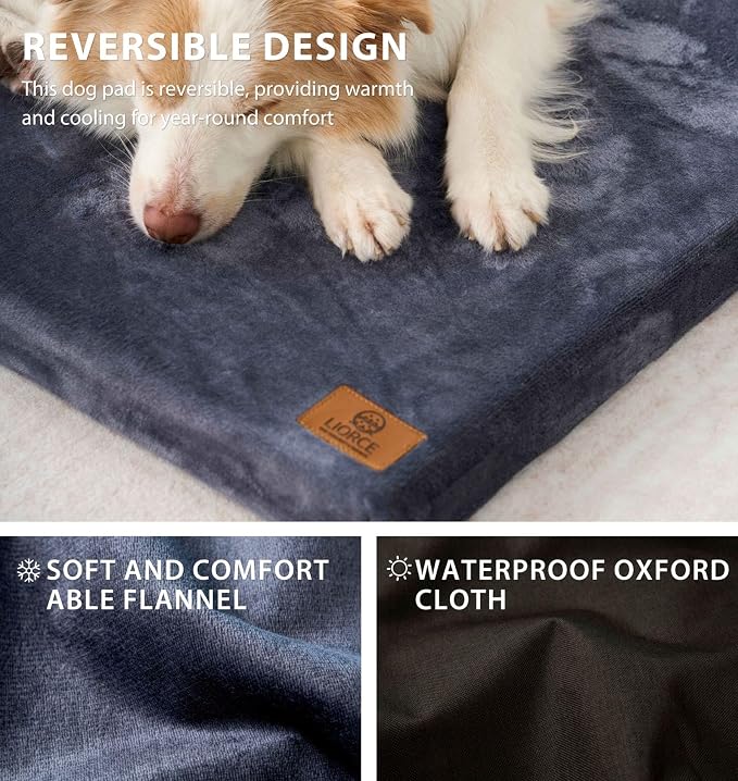 LIORCE Dog Crate Pad - Extra Large Dog Beds with Removable Washable Cover and Waterproof Lining - XXL Memory Foam Pet Bed for Crate - Reversible Kennel Mat (Cool & Warm), 48-inch, Dark Grey