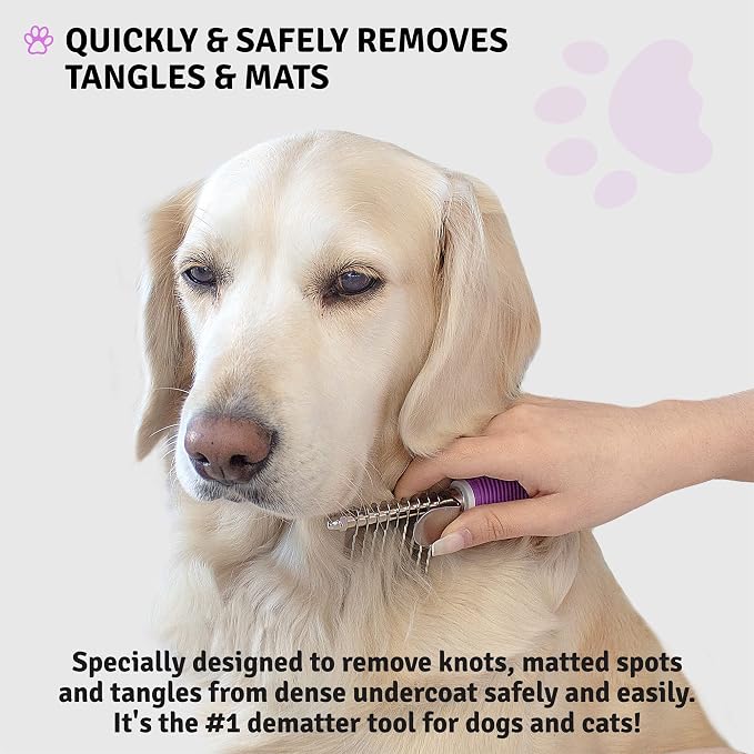 Poodle Pet Bundle - Dematting Fur Rake Comb Brush Tool with Steel Safety Blades for Detangling Matted or Knotted Undercoat Hair and Slicker Brush for Small and Large Dogs Pet Hair Remover