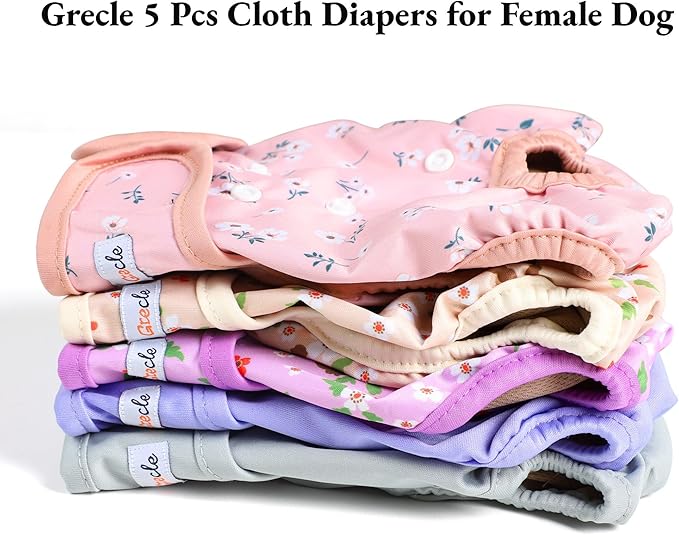 Female Dog Diapers 5Pcs - Premium Reusable Diapers for Doggie in Heat - Highly Absorbent Dog Diapers Female for Pet Incontinence with Adjustable Snaps, Flowers S
