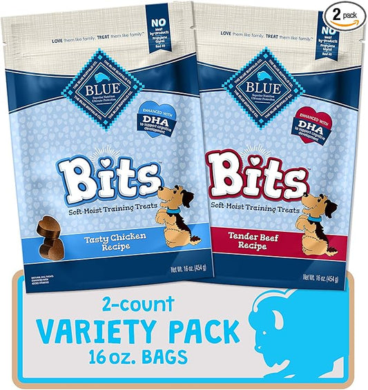 Blue Buffalo Blue Bits Natural Soft-Moist Training Dog Treats Chicken & Beef Recipes 16-oz Bag Variety Pack, 2ct