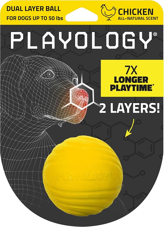 Playology Dog Toys | Dual Layer Ball Durable Chew Toy for Tough Chewers | Chicken Scented Medium Dog Toy | Chew Toys for Dogs