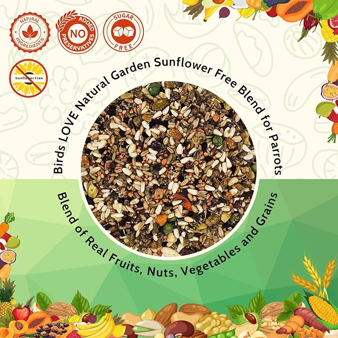 Birds LOVE Natural Garden Blend Conure Food, Sunflower Free Bird Seed Mix with Fruits, Nuts, Vegetables and Seeds, All Natural Daily Diet and Treat, 4 lb