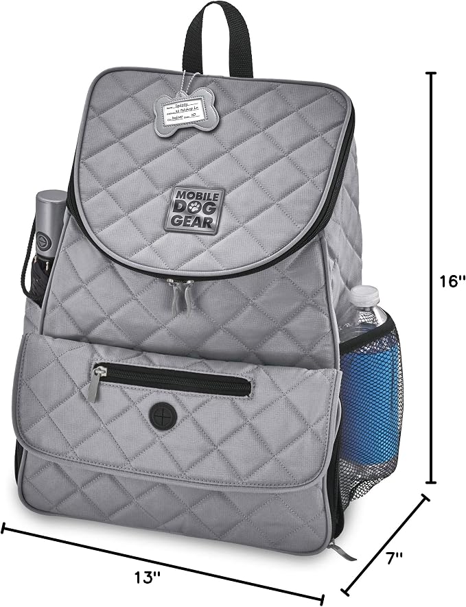 Mobile Dog Gear, Dog Travel Bag, Deluxe Quilted Weekender Backpack, Includes Lined Food Carriers and 2 Collapsible Dog Bowl, Gray