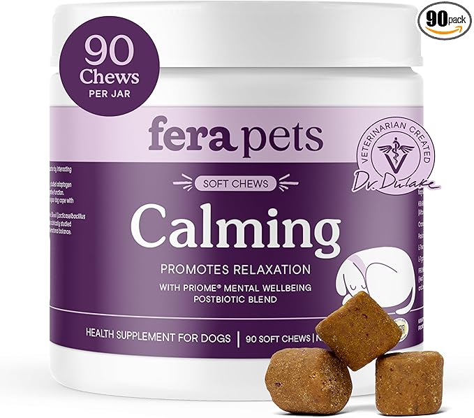Fera Pets Dog Calming Chews - Helps Manage Everyday Stress & Separation - Promotes Relaxation - Ashwagandha & Priome® Mental Wellbeing Postbiotic Blend - 90 Soft Chews