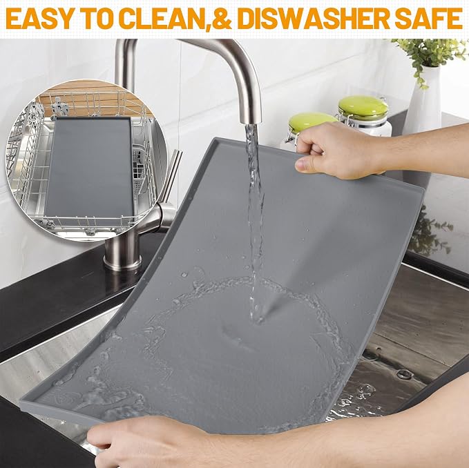 Hubulk Dog Feeding Mat,100% Waterproof BPA Free Silicone Pet Food and Water Bowl Placemat,Dishwasher, High Raised Edge to Prevent Spills,Nonslip Tray to Stop Messes on Floor (19"x12"x0.5", Grey)