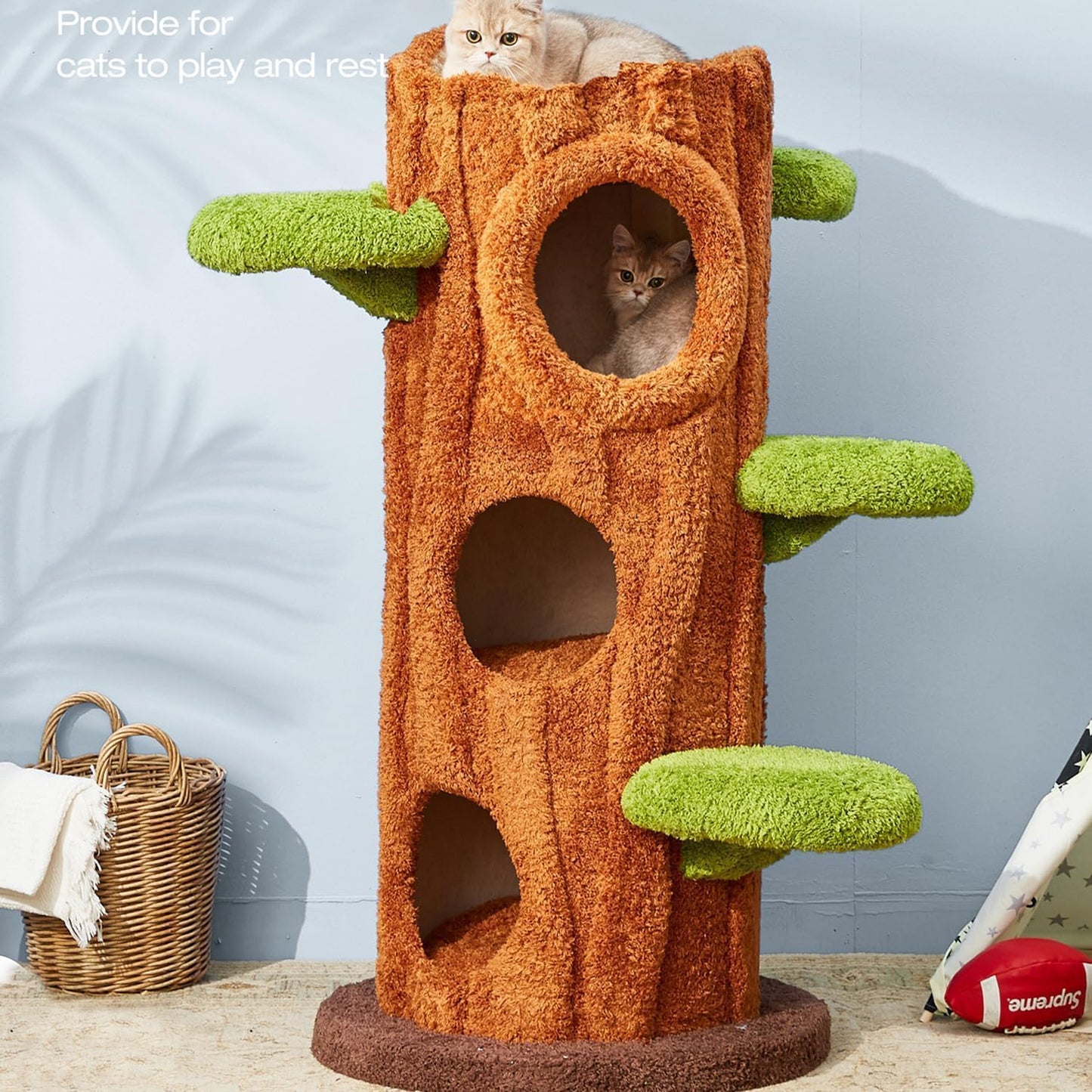 47.2'' Natural Wooden Cat Tree, Modern Cat Condo for Indoor Kitten, Multi-Level Cat Tower with Cat Perch and Scratching Pad for Multi-Cat Families