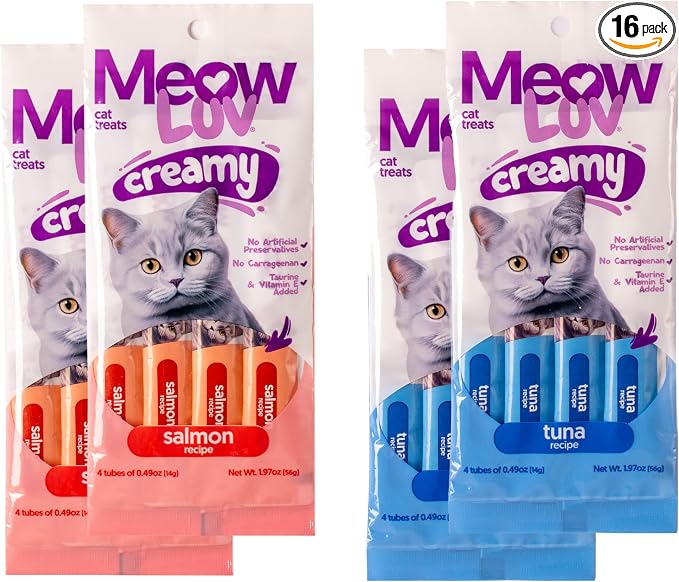 Ultra Chewy Meow Luv Salmon and Tuna Lickable Cat Treats - Delicious Squeezable Cat Treats - Carrageenan Free - No Artificial Preservatives - Irresistible Snack - 0.5 Ounce Tubes (Pack of 4)