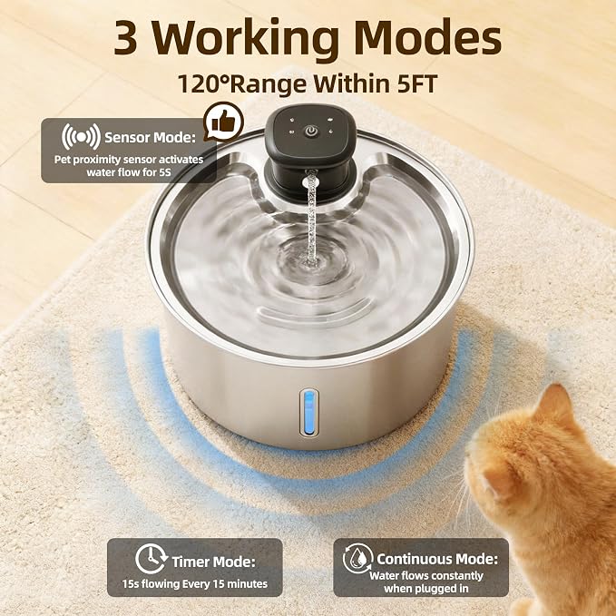 Wireless Cat Water Fountain,Cat Water Fountain Stainless Steel 3.2L/108oz Large Capacity Battery Operated Pet Water Fountain Indoor with Motion Sensor for Cats Dogs BPA-Free(P01B)