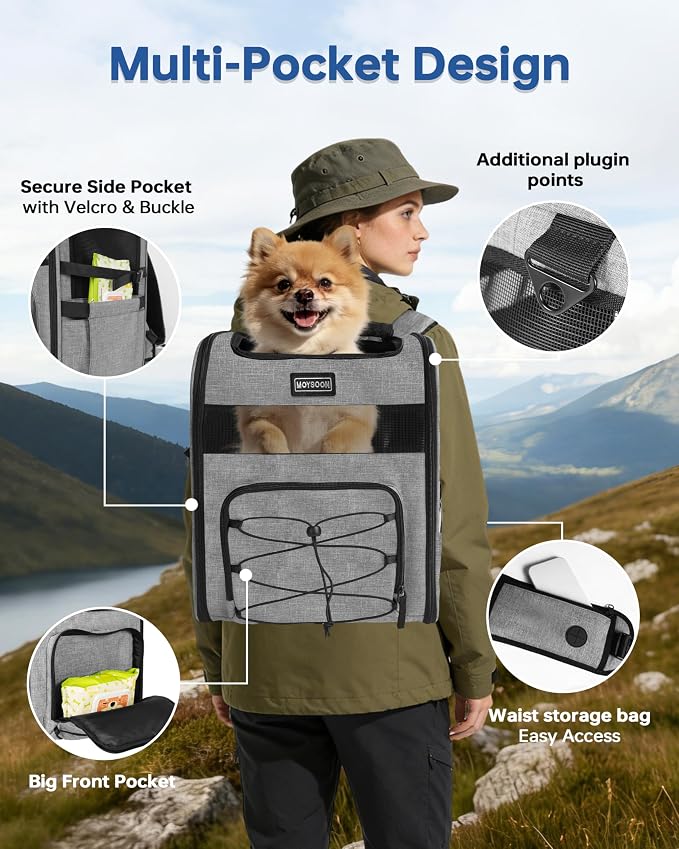 Hiking Dog Carrier Backpack, Padded Height-Enhancing Design, Adjustable Waist Cushioning Belt with Breathable Padded Back Support, Dog Carrier Backpack for Small Dogs Max 13LB Grey with Pad