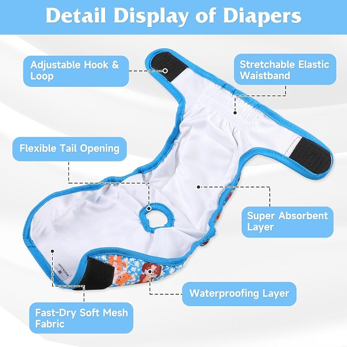 4 Pack Reusable Female Dog Diaper, Highly Absorbent Doggie Diapers for Female Dogs, Dog Diaper XX-Large, Bulldog