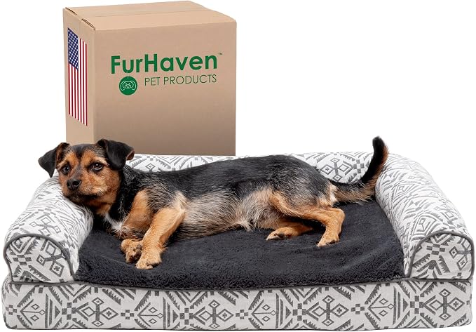 Furhaven Cooling Gel Dog Bed for Medium/Small Dogs w/ Removable Bolsters & Washable Cover, For Dogs Up to 35 lbs - Plush & Southwest Kilim Woven Decor Sofa - Boulder Gray, Medium