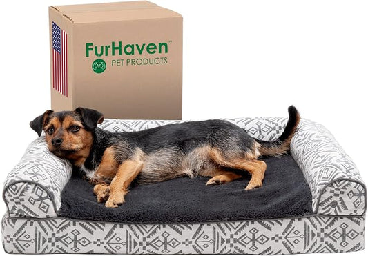 Furhaven Cooling Gel Dog Bed for Medium/Small Dogs w/ Removable Bolsters & Washable Cover, For Dogs Up to 35 lbs - Plush & Southwest Kilim Woven Decor Sofa - Boulder Gray, Medium