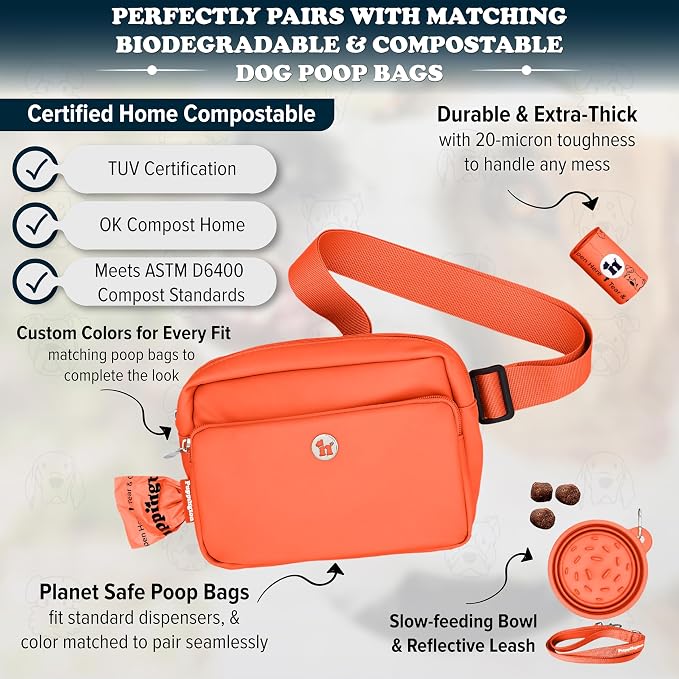 Puppington 3-in-1 Crossbody Dog Treat Pouch for Pet Training - Compostable Poop Bags, Built-In Poop Bag Dispenser, Slow-Feeding Travel Dog Bowl & Reflective Leash - Dog Walking Bag (Poppy Orange)