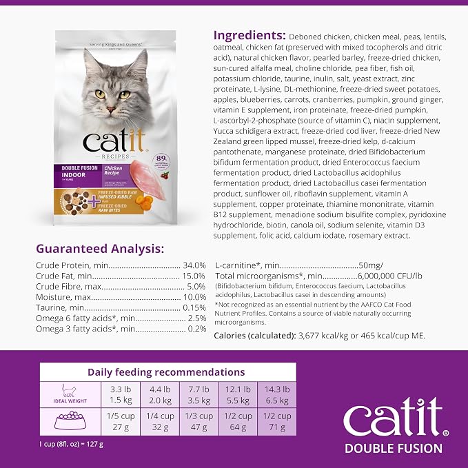 Catit Recipes Double Fusion Indoor Cat Food – Chicken Recipe, High-Protein, Freeze-Dried Raw Toppings, No by-Products, Minimally Processed, Balanced Nutrition for Indoor Cats, 10 lb