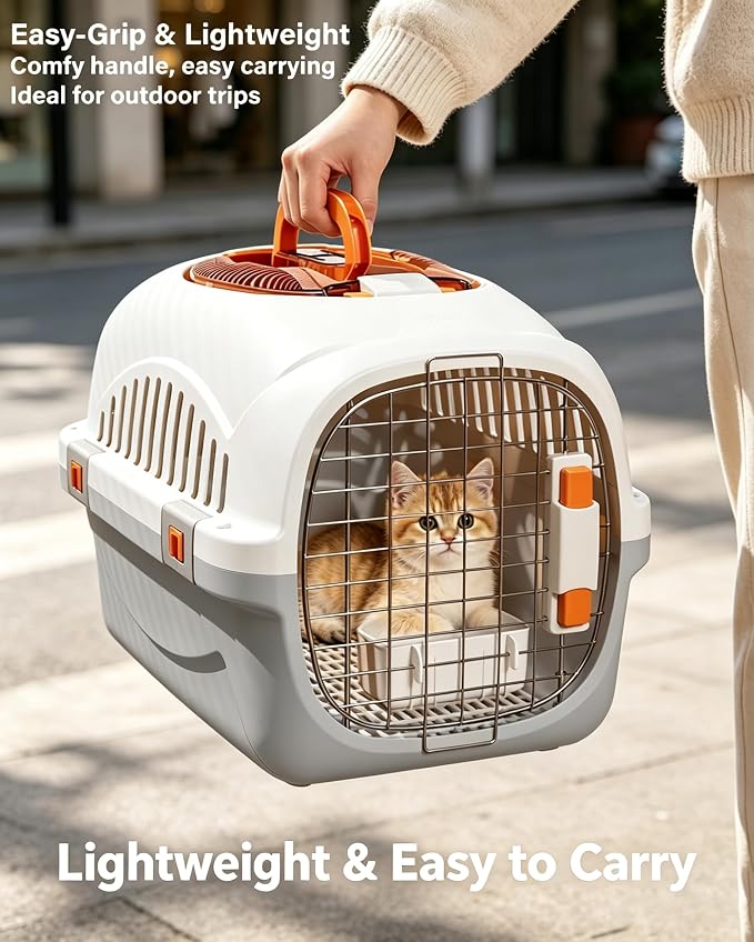Cat Carrier Airline Approved, Portable Pet Travel Crate with Anti-Stress Design for Cats & Small Dogs, Car Safe Kennel with Top Window (Grey)