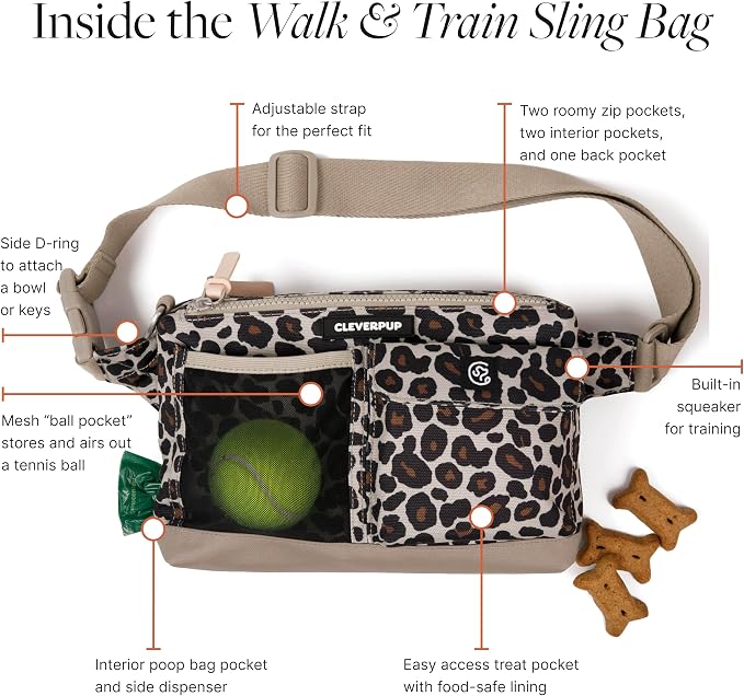 Cleverpup Training Sling & Snackpack Double Insulated Treat Pouch in Leopard