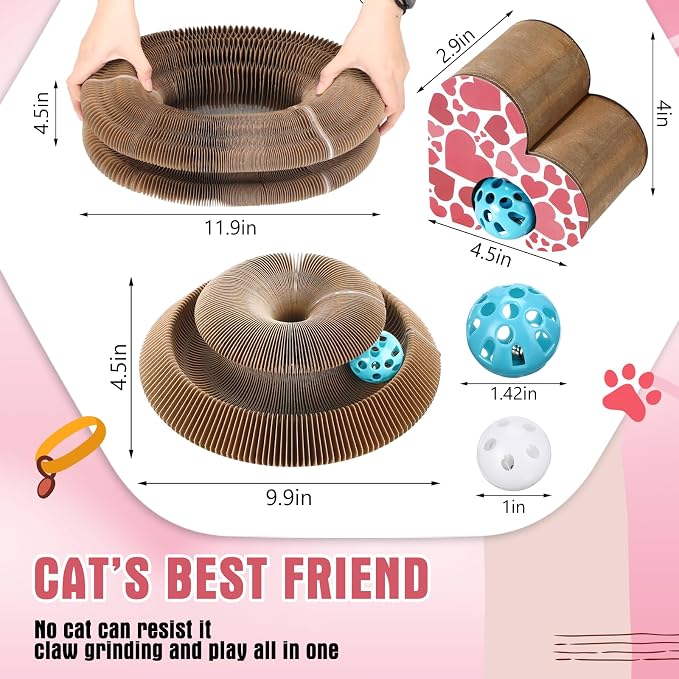 Soulchen 4 Pcs Magic Organ Cat Scratching Board, Combinable Cats Toy for Adult Pets, Interactive Cardboard Kitten Scratcher with Bell Ball, Durable Foldable Accordion Scratch Pad(Heart)