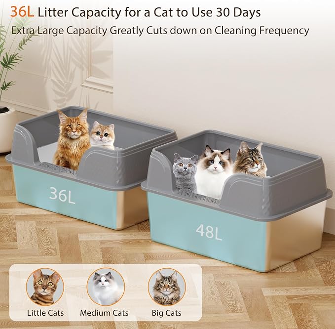 Stainless Steel Litter Box XL 23.6" x 15.7" x 12", Metal Litter Box with Lid - Extra Large Space with High Sides for Big Cats, Side Entry, Leak-Proof, Anti-Splashing, Grey