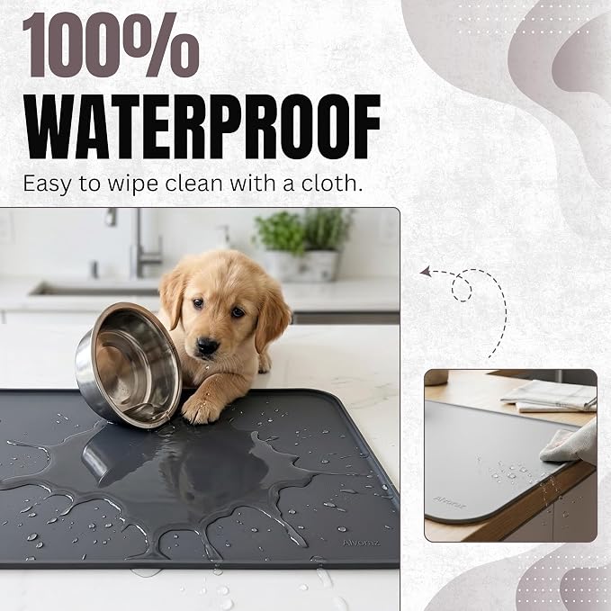 Silicone Pet Feeding Mat 2 Pack 19 x 12 Inch Waterproof Dog & Cat Food Mat with Raised Edge, Non Slip BPA Free Dog Bowl Mat for Food and Water Bowls, Spill Proof Floor Protector (Grey)